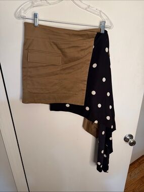 MONSE Two-Tone Asymmetrical Polka Dot Panel Skirt - Brown & Black